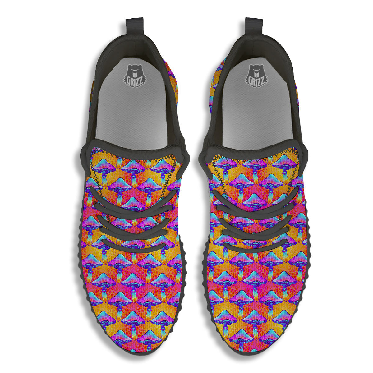 Mushroom Psychedelic Hippie Print Pattern Black Walking Shoes-grizzshop