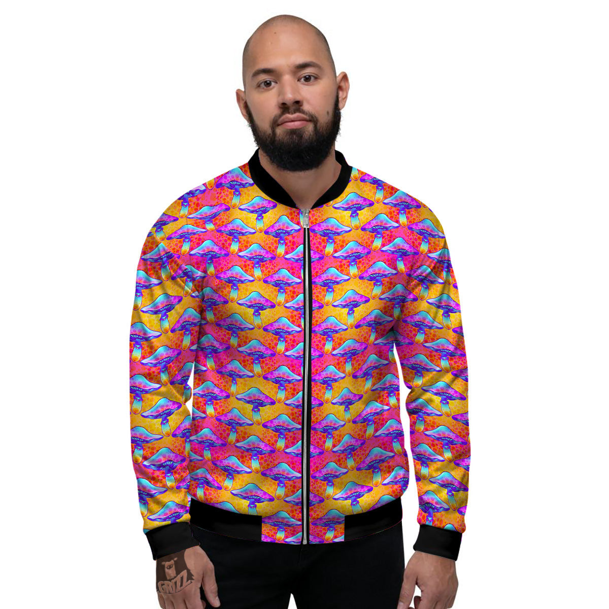 Mushroom Psychedelic Hippie Print Pattern Men's Bomber Jacket-grizzshop
