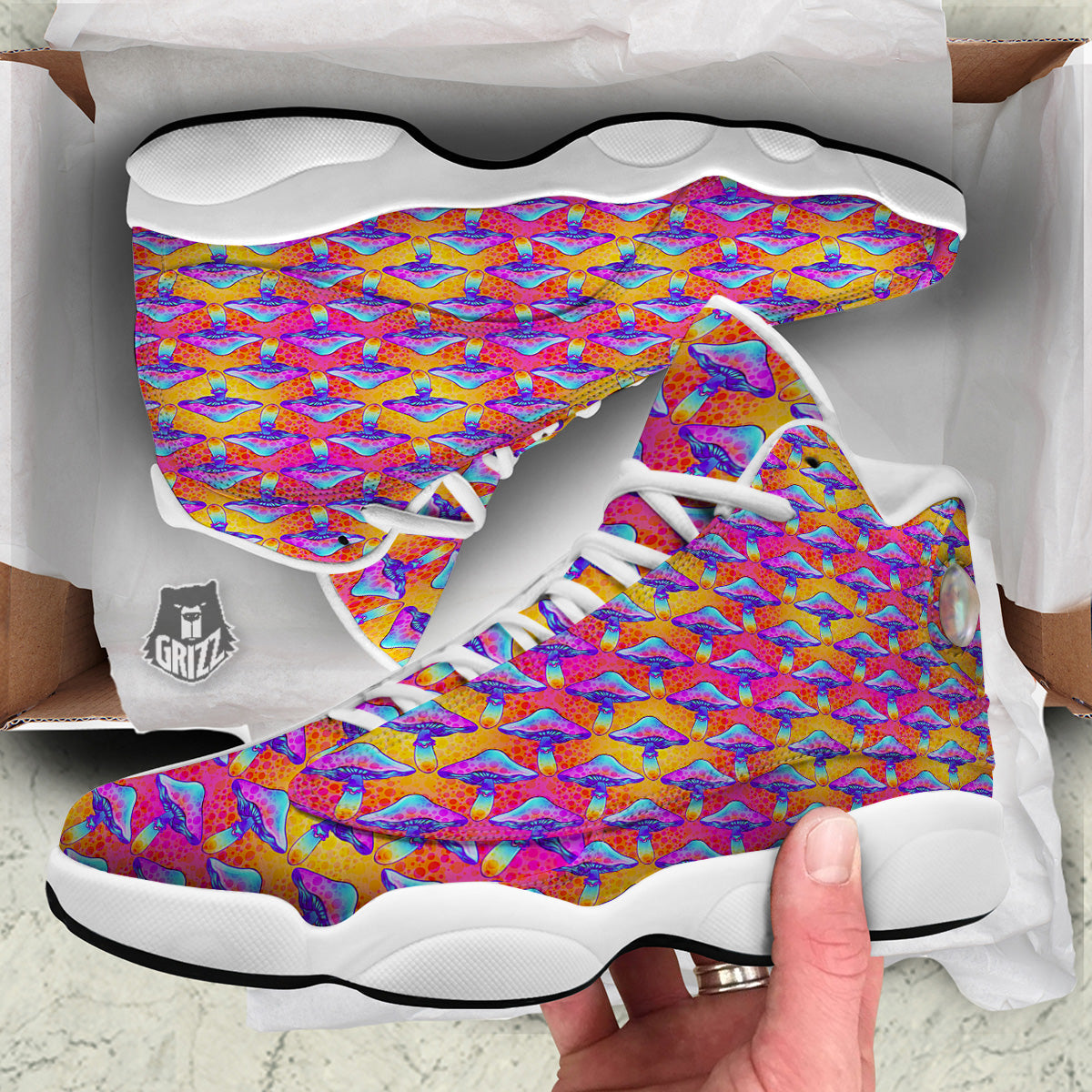 Mushroom Psychedelic Hippie Print Pattern White Basketball Shoes-grizzshop