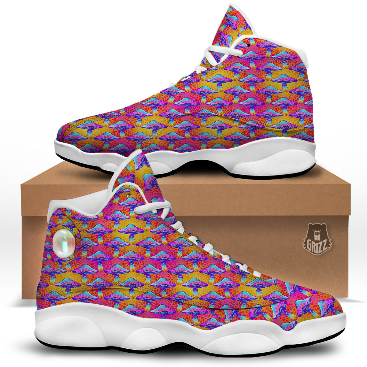 Mushroom Psychedelic Hippie Print Pattern White Basketball Shoes-grizzshop
