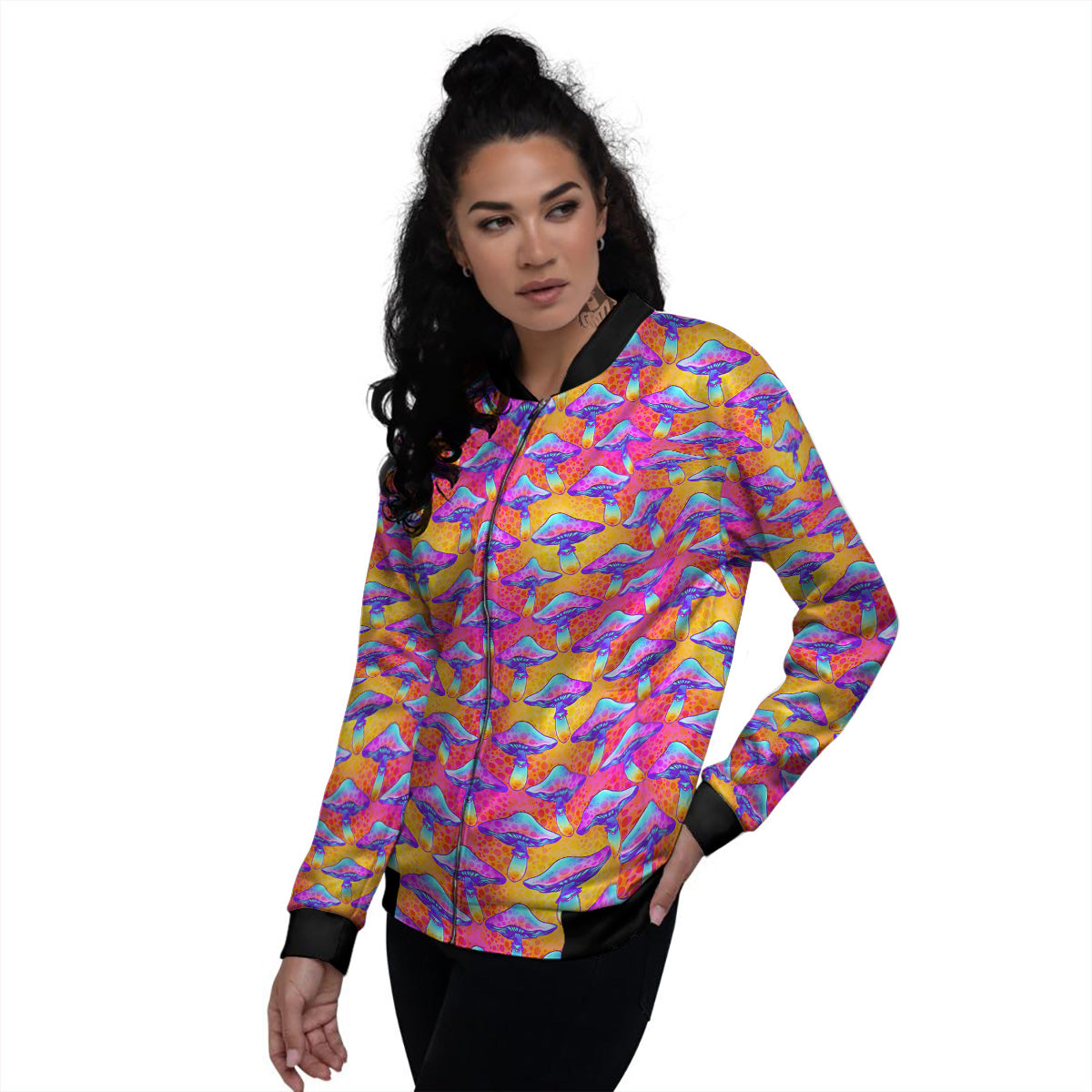 Mushroom Psychedelic Hippie Print Pattern Women's Bomber Jacket-grizzshop