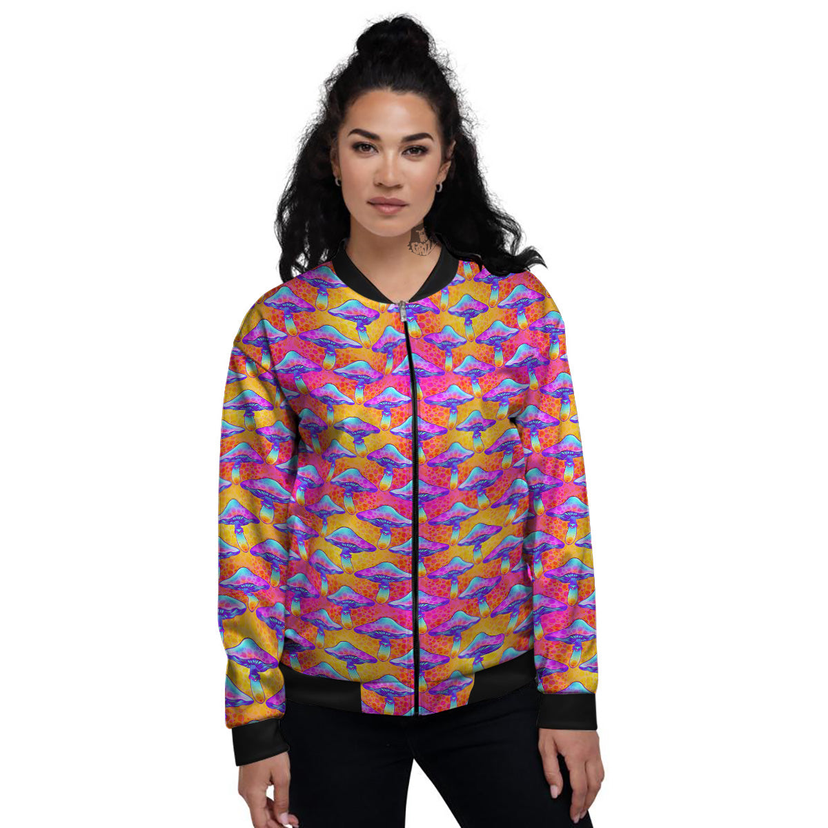Mushroom Psychedelic Hippie Print Pattern Women's Bomber Jacket-grizzshop