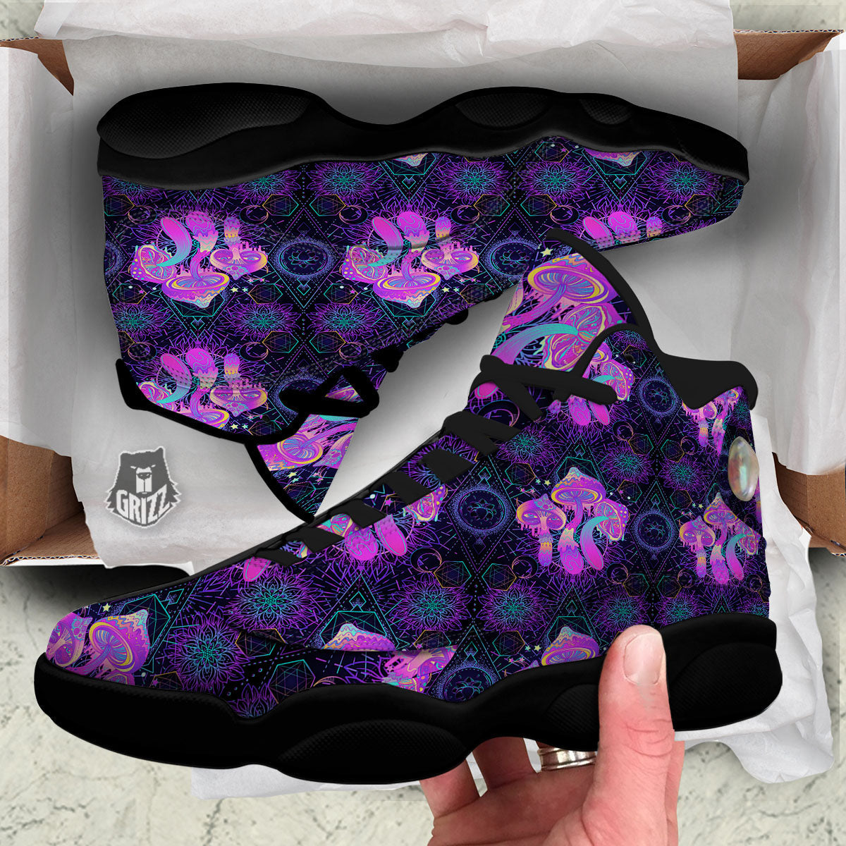 Mushroom Psychedelic Print Pattern Black Basketball Shoes-grizzshop
