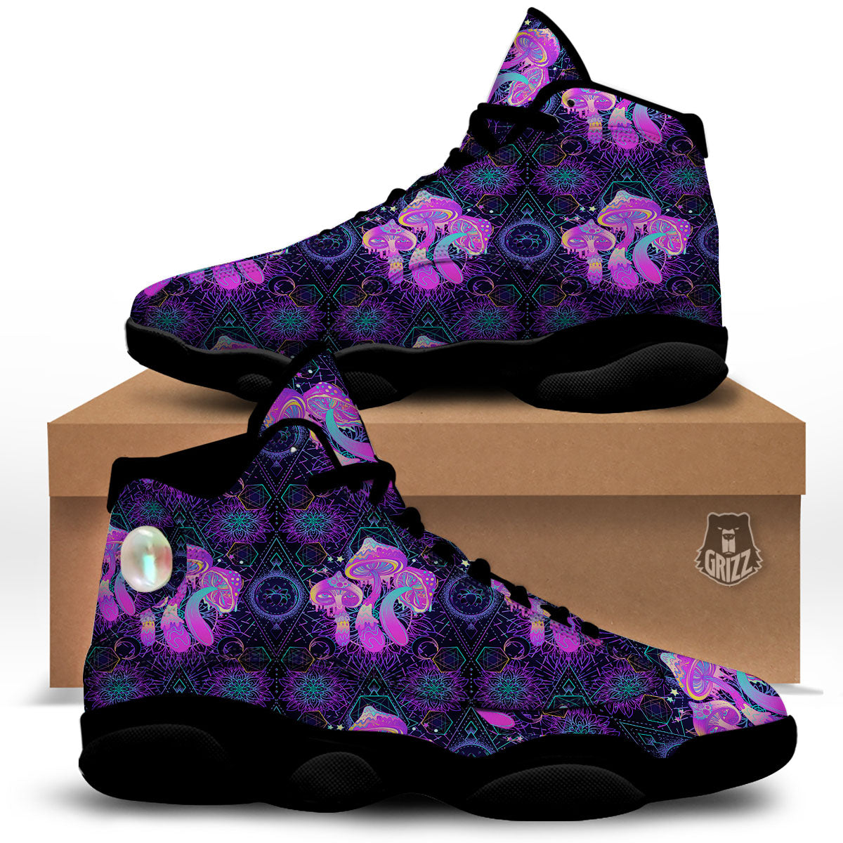 Mushroom Psychedelic Print Pattern Black Basketball Shoes-grizzshop