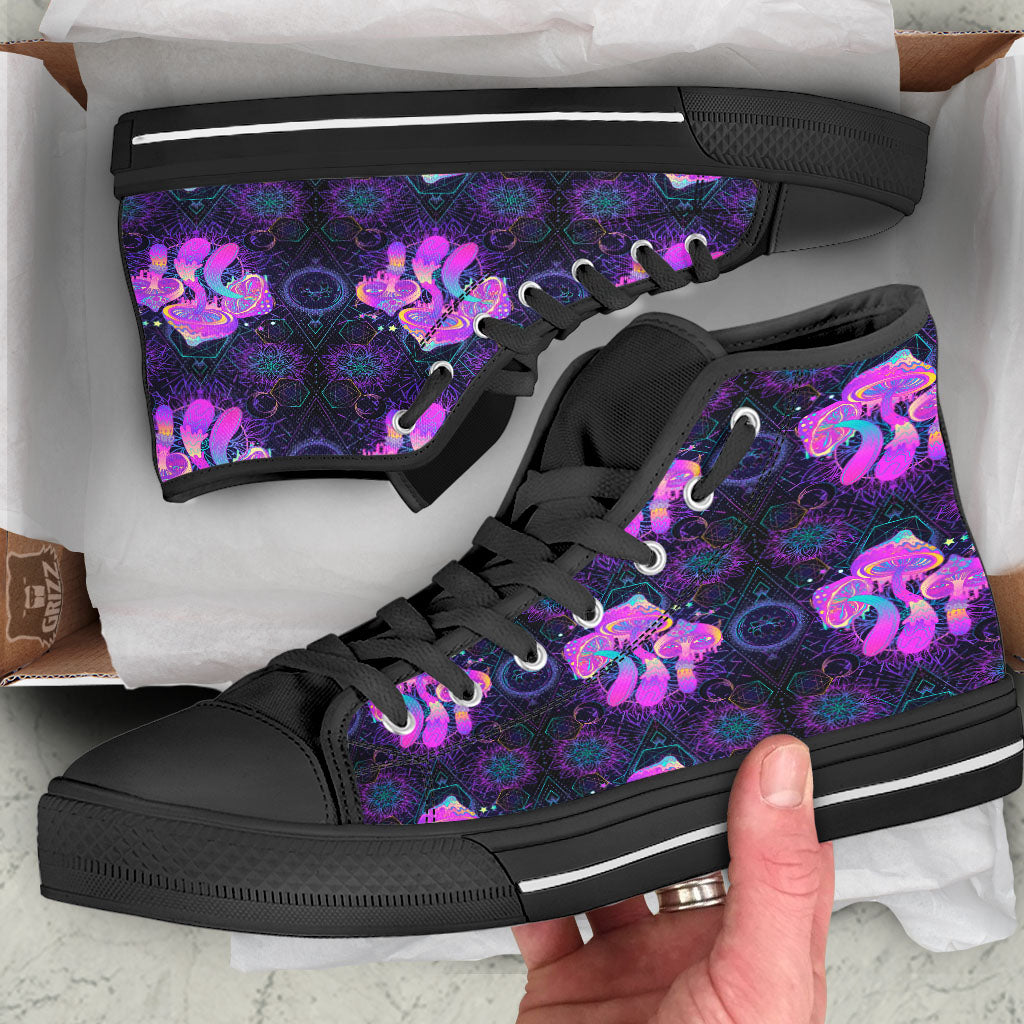 Mushroom Psychedelic Print Pattern Black High Top Shoes-grizzshop
