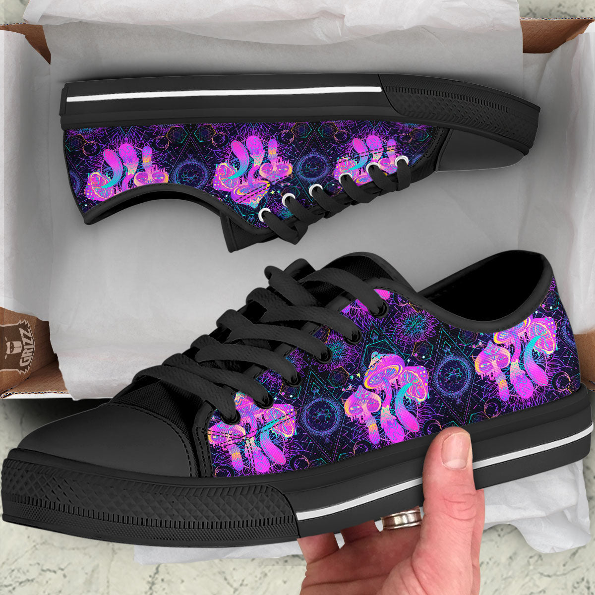 Mushroom Psychedelic Print Pattern Black Low Top Shoes-grizzshop