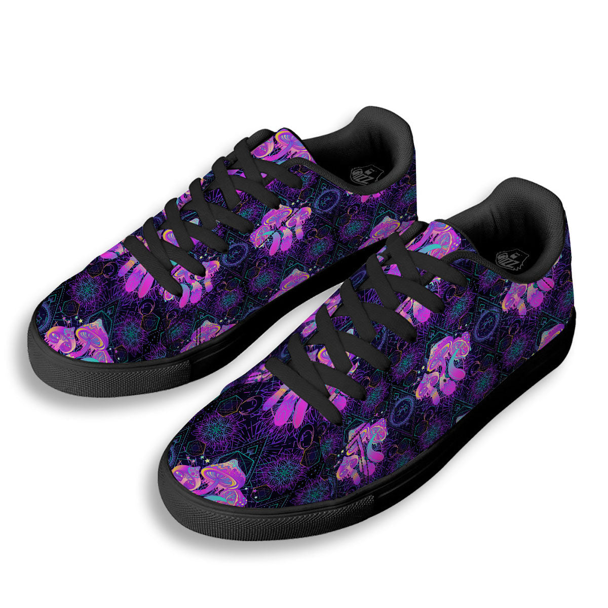 Mushroom Psychedelic Print Pattern Black Low Top Sneakers-grizzshop