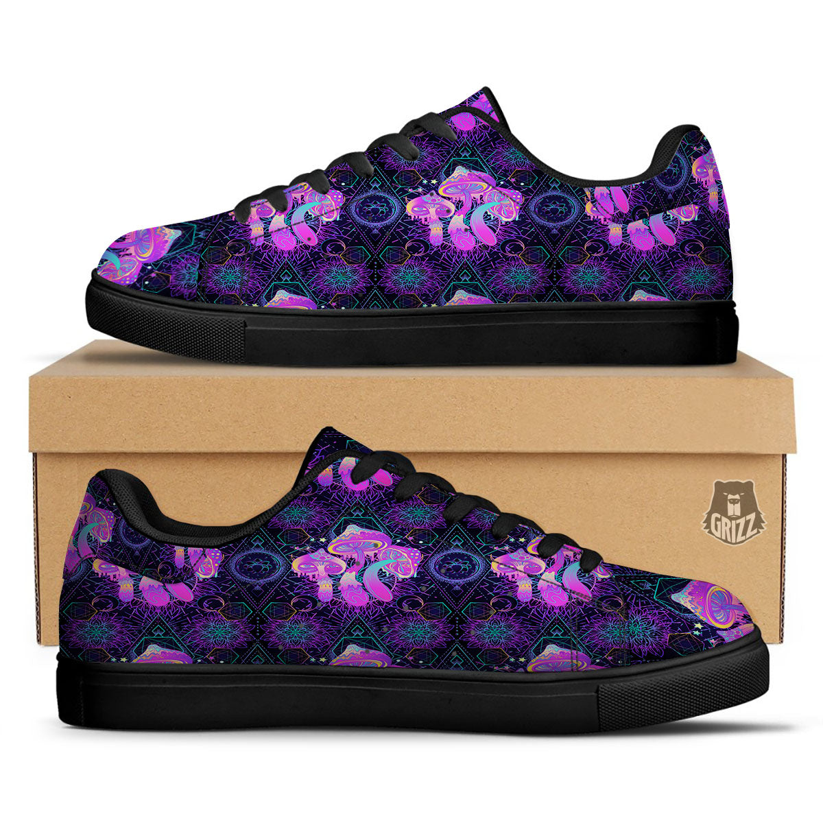 Mushroom Psychedelic Print Pattern Black Low Top Sneakers-grizzshop