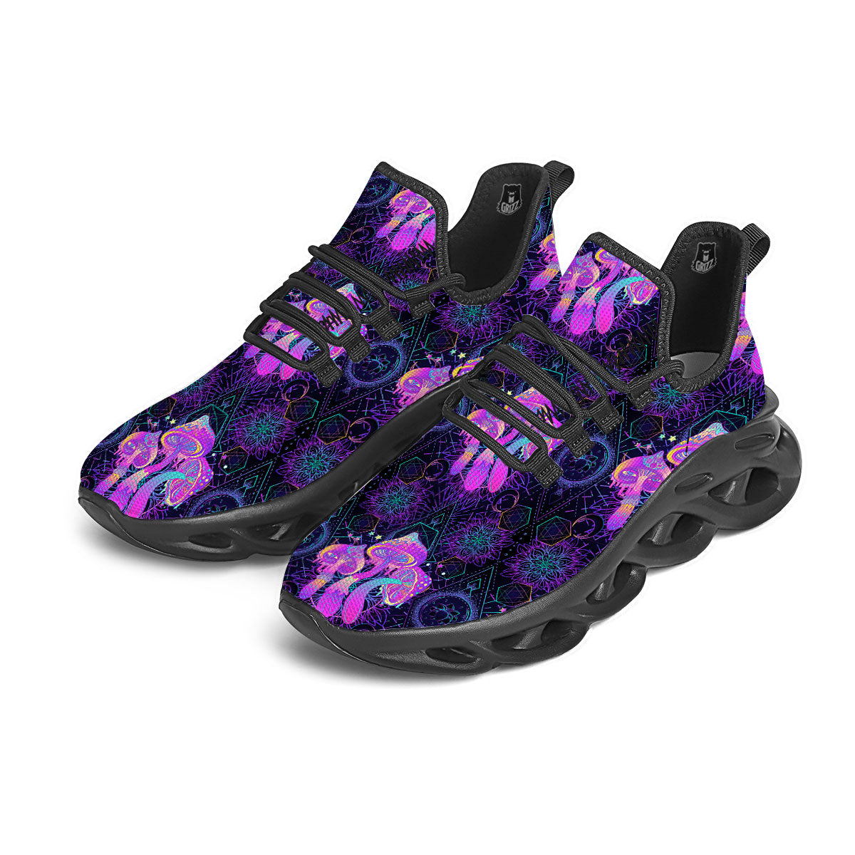 Mushroom Psychedelic Print Pattern Black Running Shoes-grizzshop