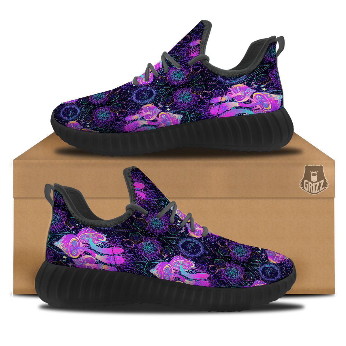 Mushroom Psychedelic Print Pattern Black Walking Shoes-grizzshop
