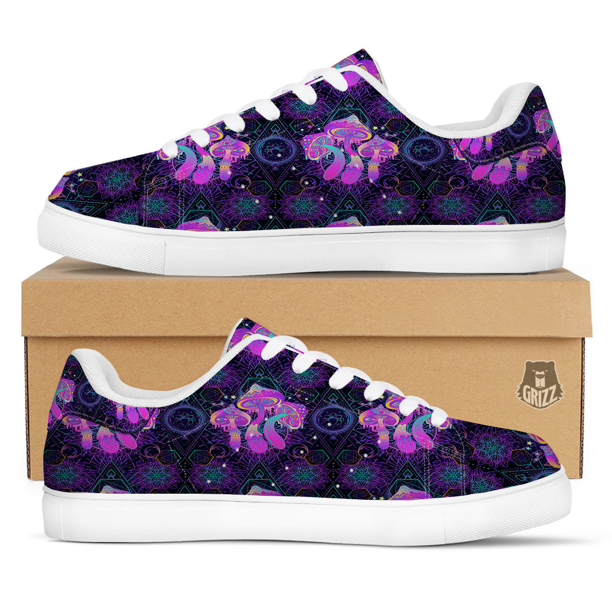 Mushroom Psychedelic Print Pattern White Low Top Sneakers-grizzshop