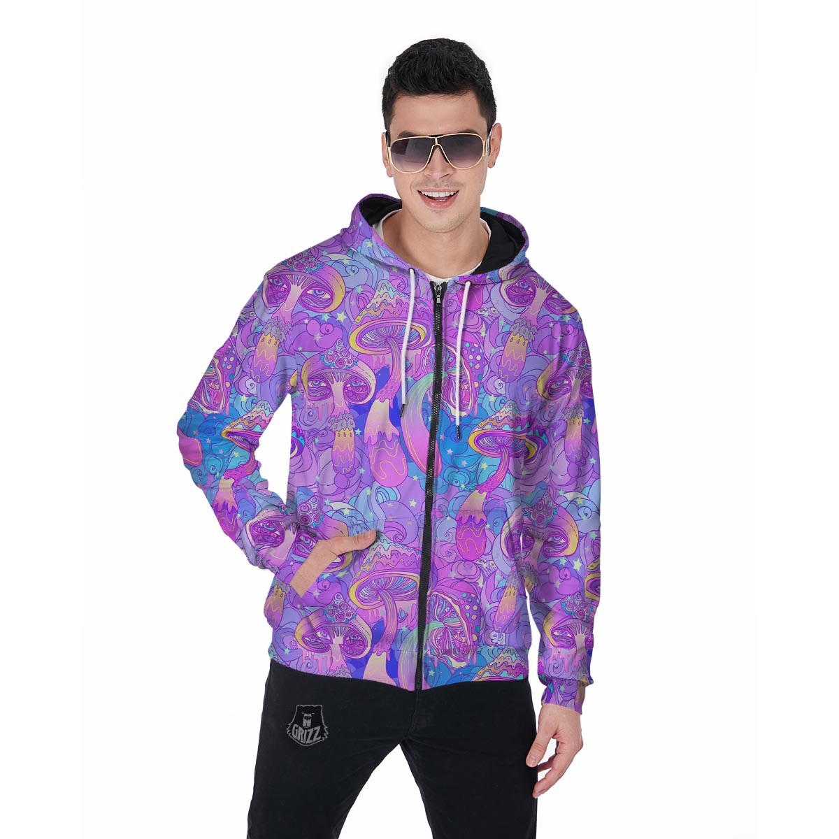 Mushroom Psychedelic Trippy Men's Zip Up Hoodie-grizzshop