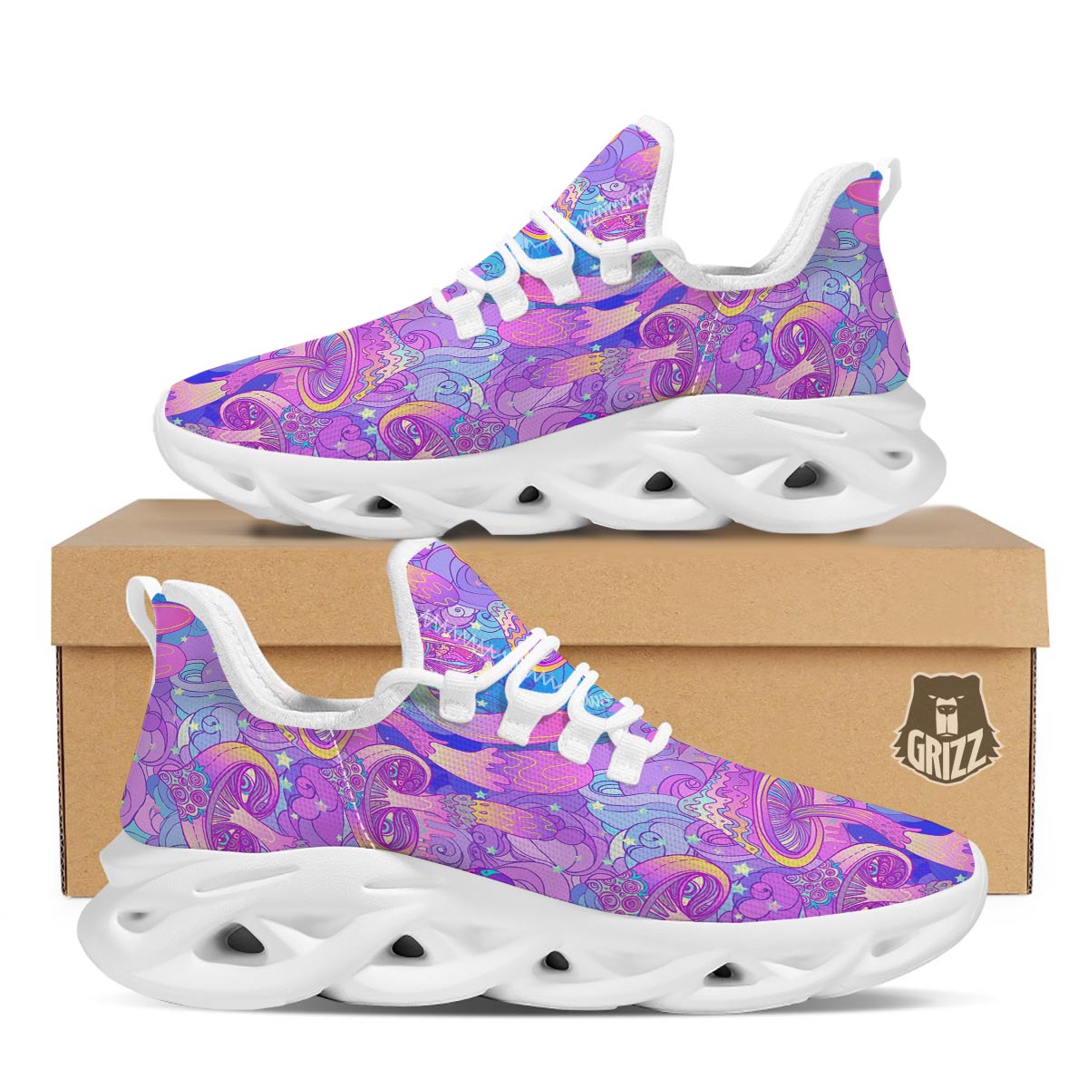 Mushroom Psychedelic Trippy White Running Shoes-grizzshop