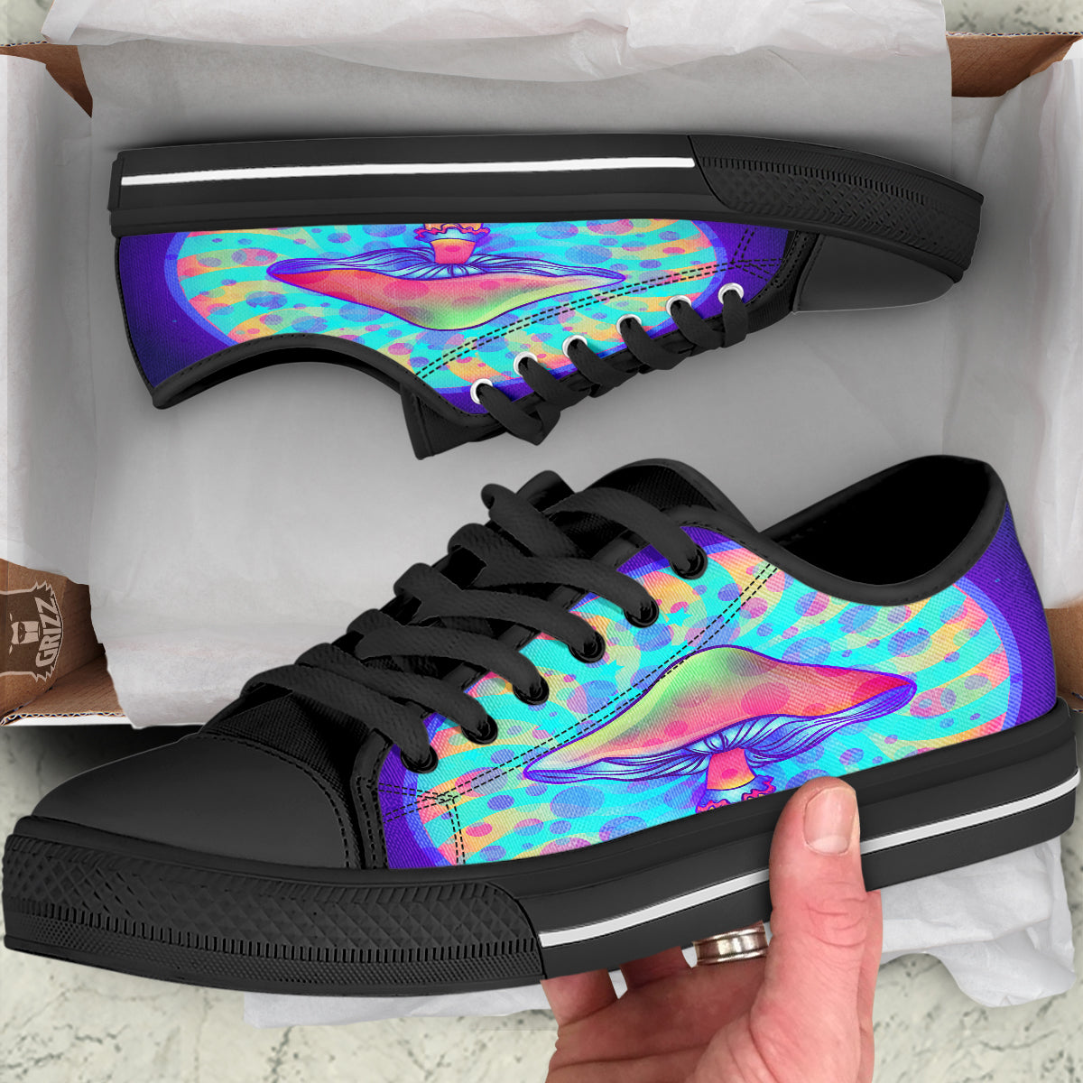 Mushrooms Psychedelic Print Black Low Top Shoes-grizzshop