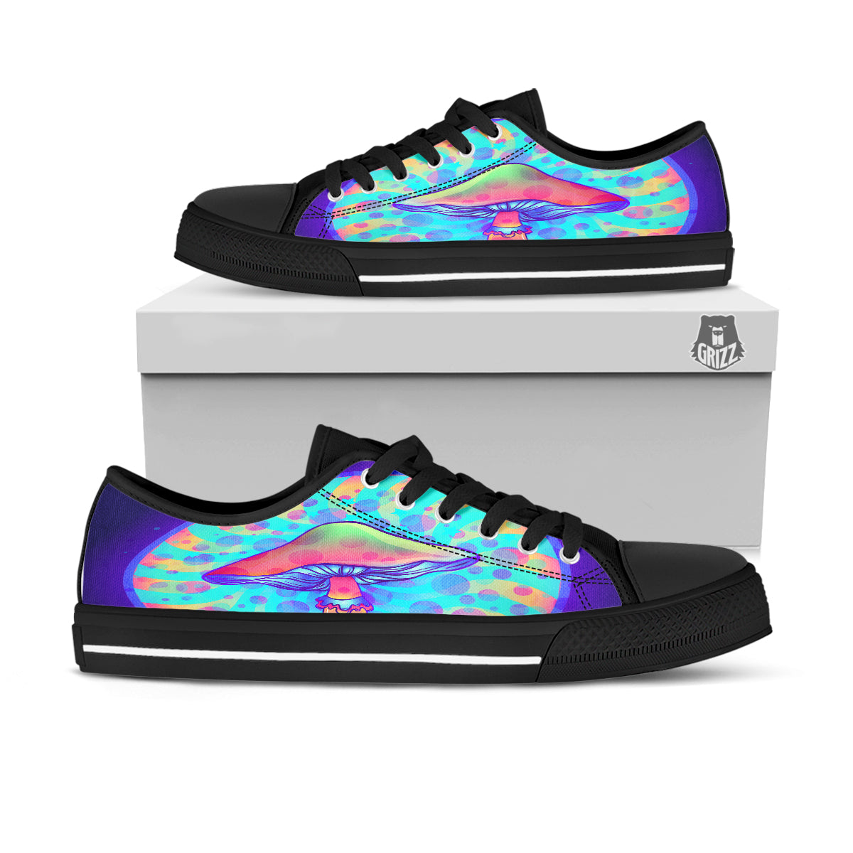 Mushrooms Psychedelic Print Black Low Top Shoes-grizzshop