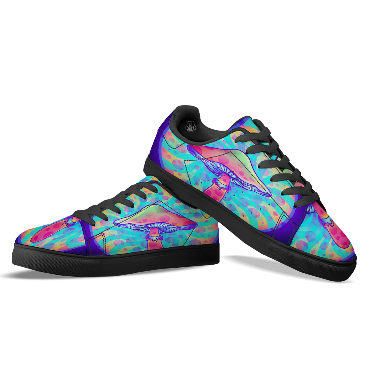 Mushrooms Psychedelic Print Black Low Top Sneakers-grizzshop