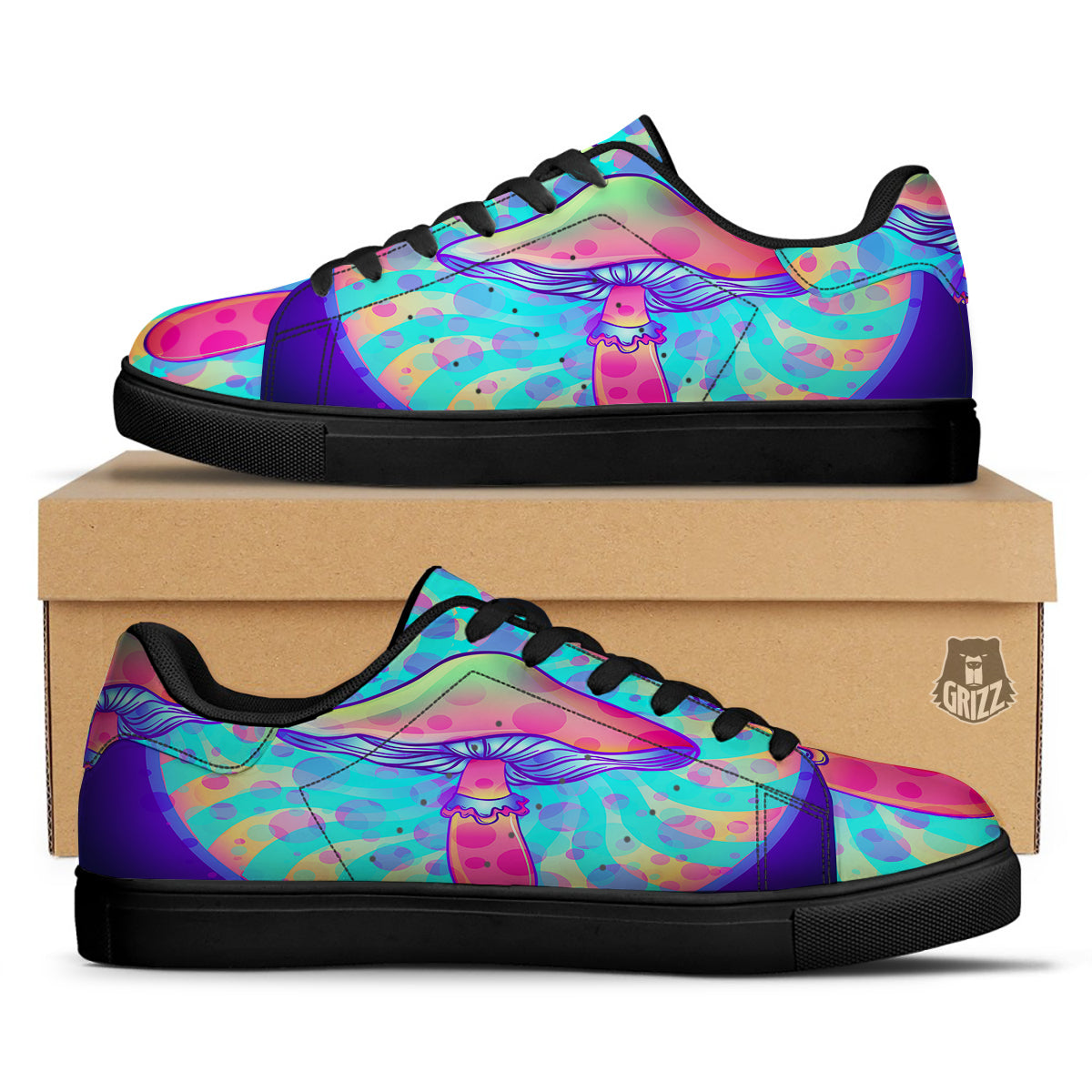 Mushrooms Psychedelic Print Black Low Top Sneakers-grizzshop
