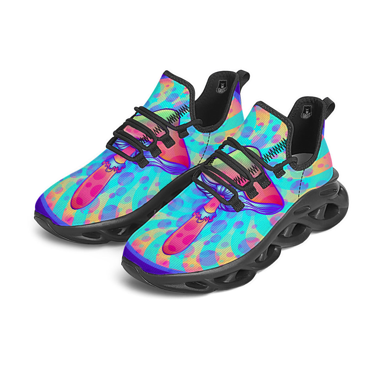 Mushrooms Psychedelic Print Black Running Shoes-grizzshop