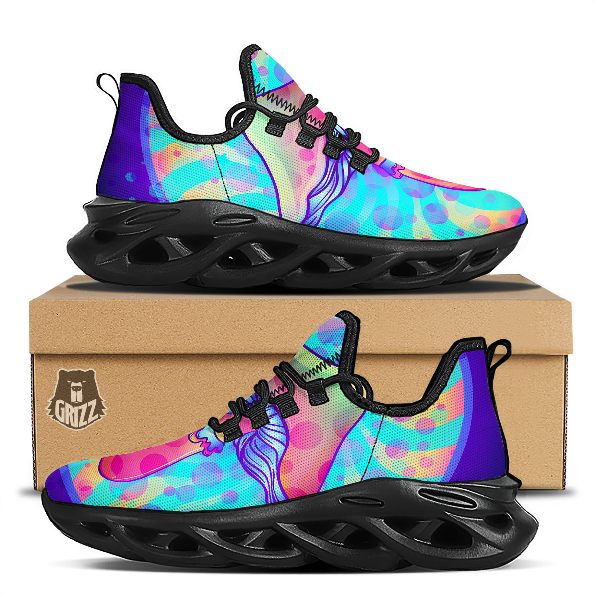 Mushrooms Psychedelic Print Black Running Shoes-grizzshop