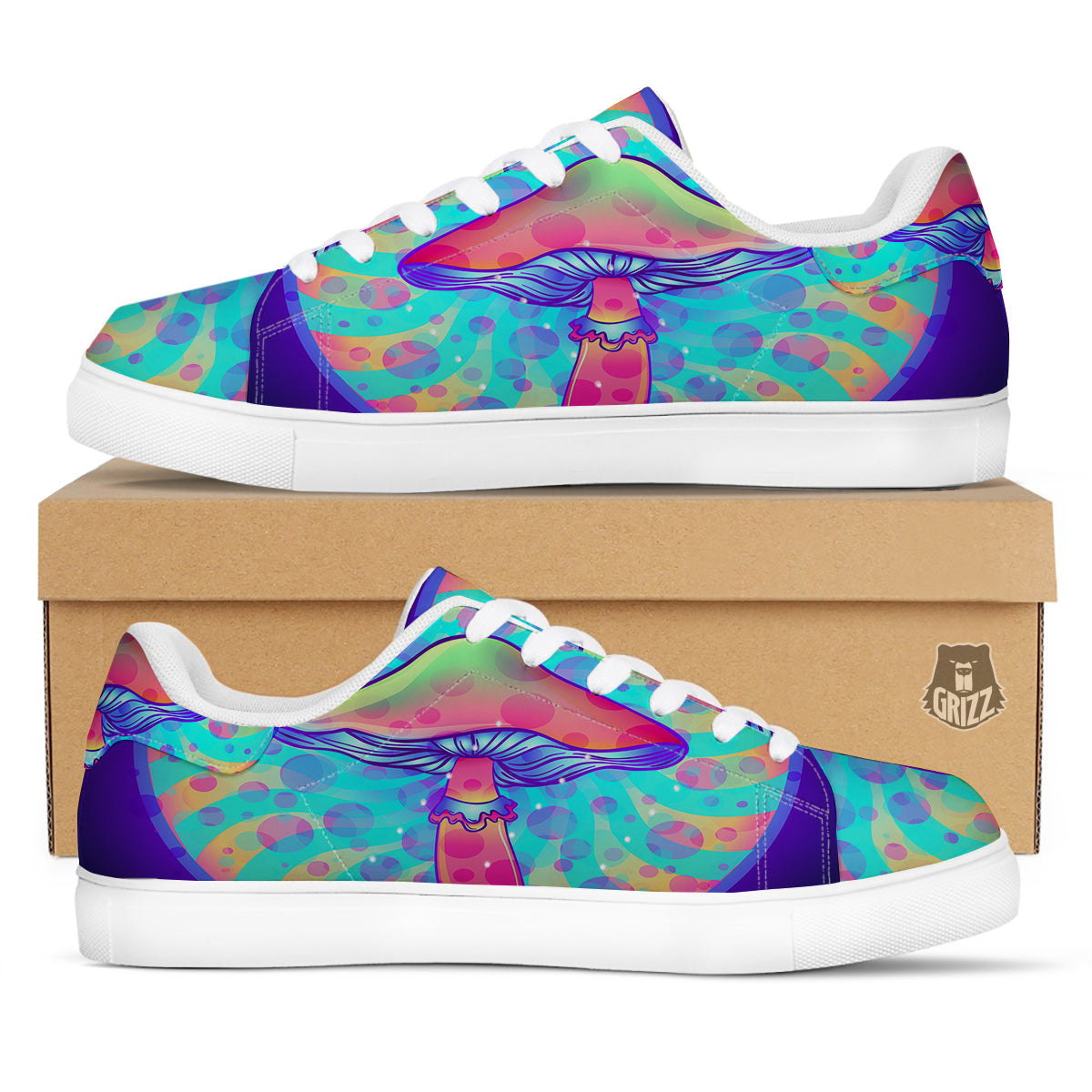 Mushrooms Psychedelic Print White Low Top Sneakers-grizzshop
