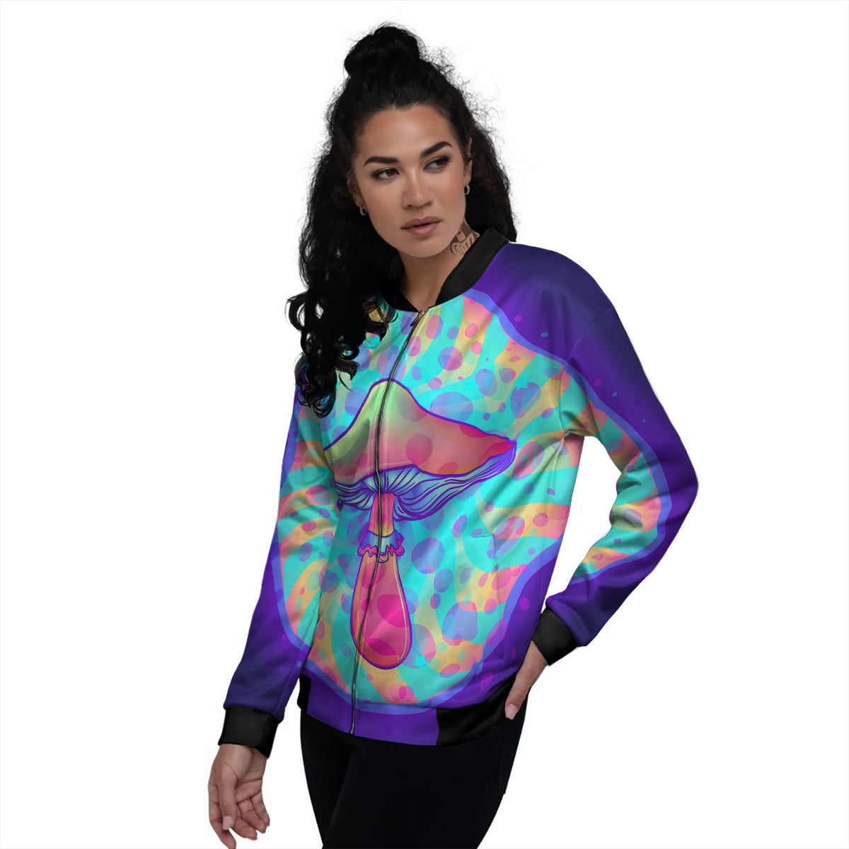 Mushrooms Psychedelic Print Women's Bomber Jacket-grizzshop