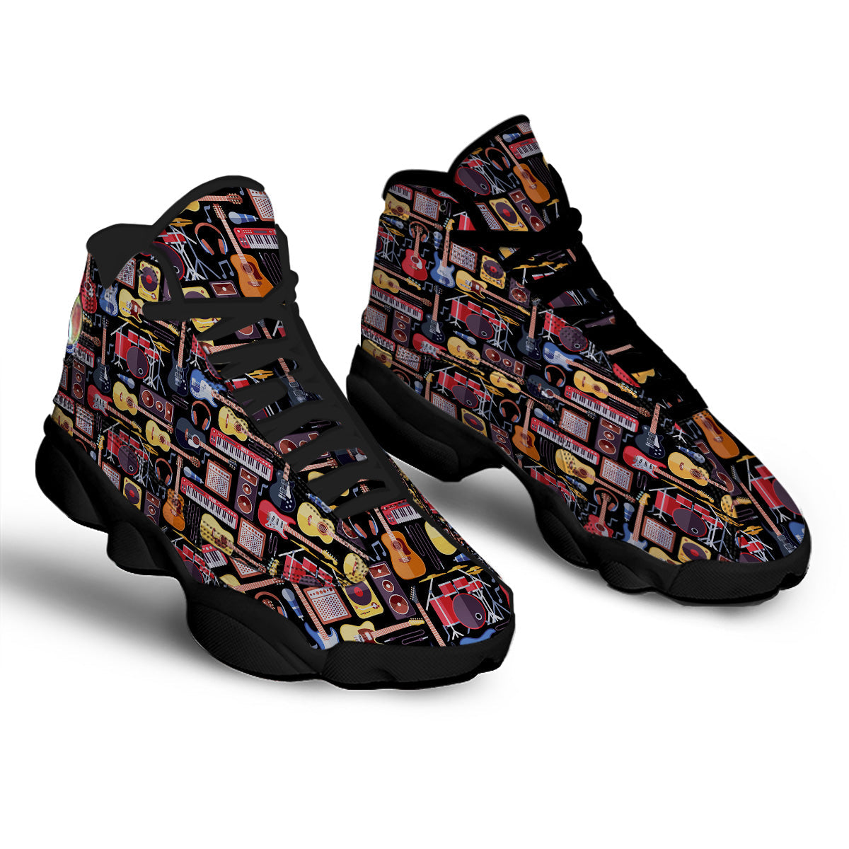 Music Instruments Print Pattern Black Basketball Shoes-grizzshop
