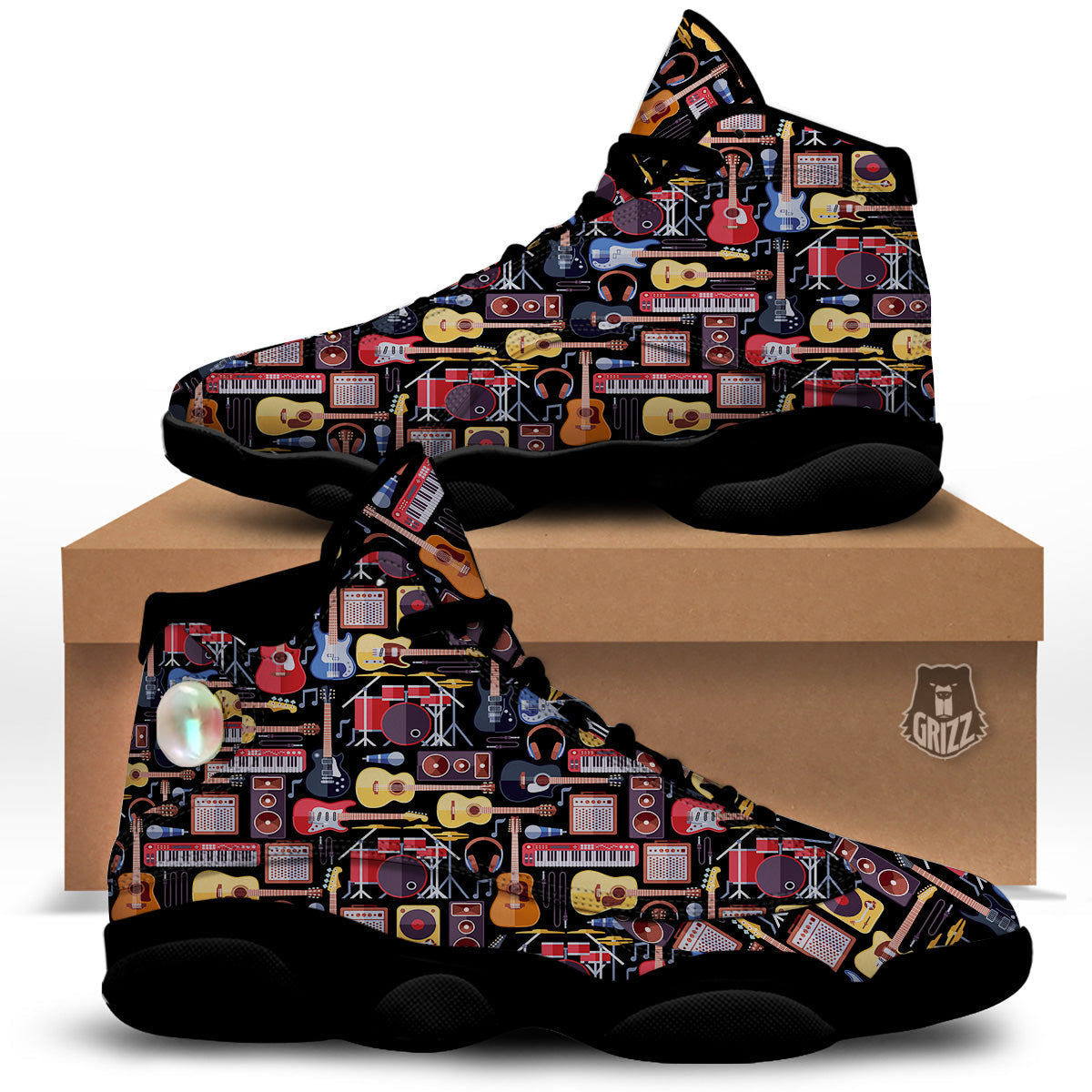 Music Instruments Print Pattern Black Basketball Shoes-grizzshop