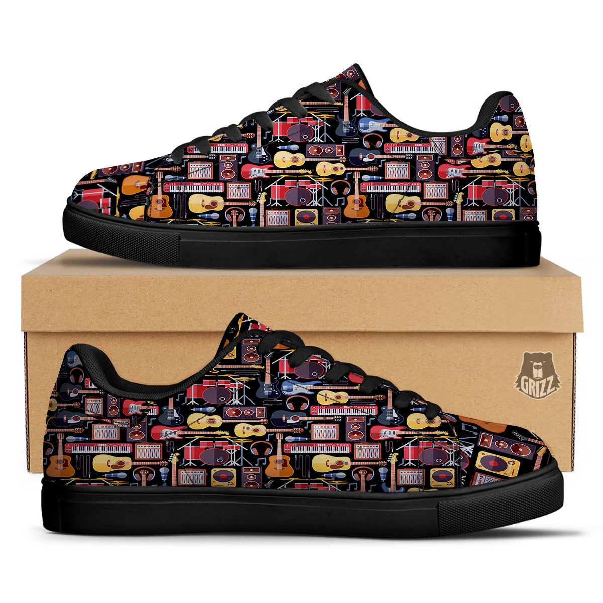 Music Instruments Print Pattern Black Low Top Sneakers-grizzshop