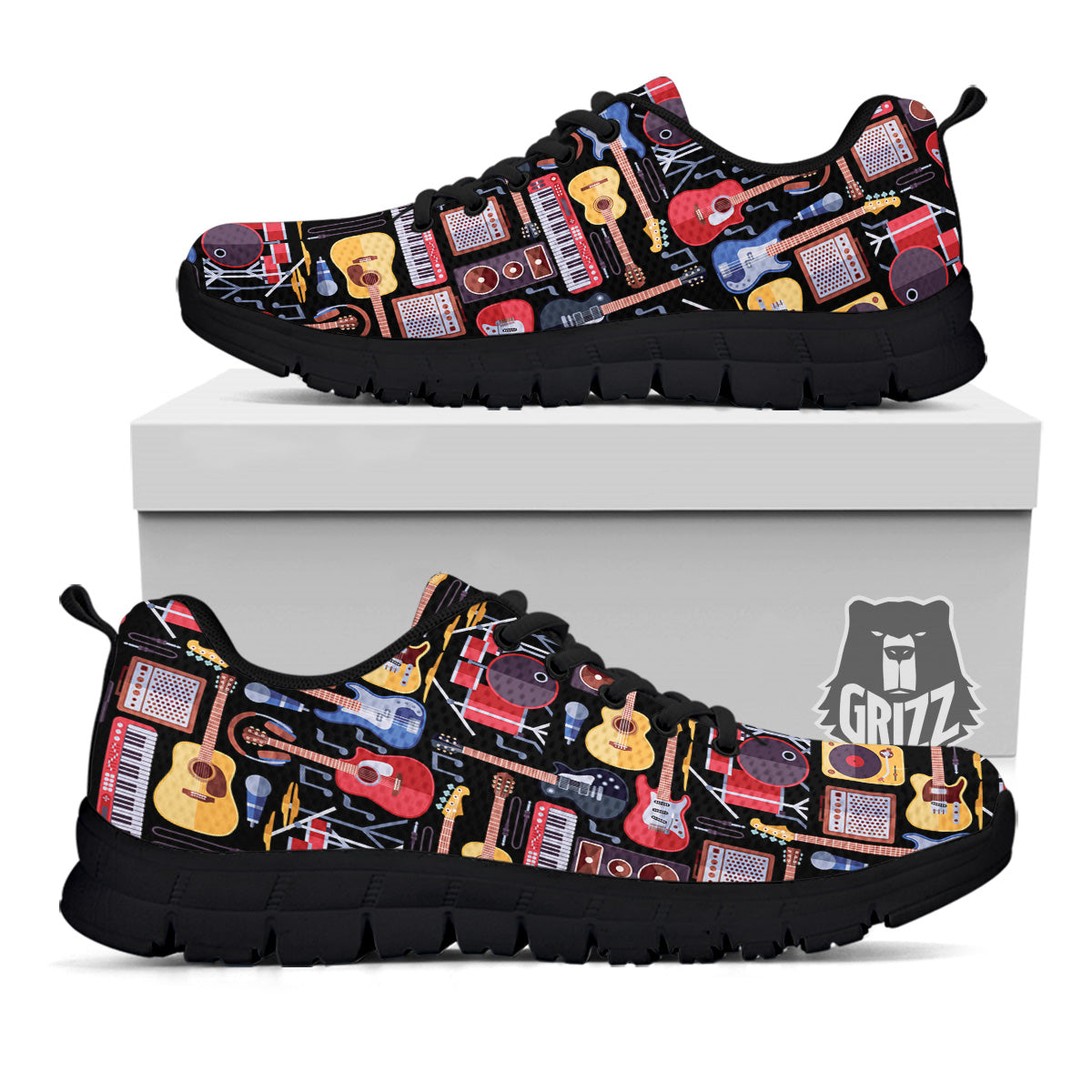 Music Instruments Print Pattern Black Sneaker-grizzshop