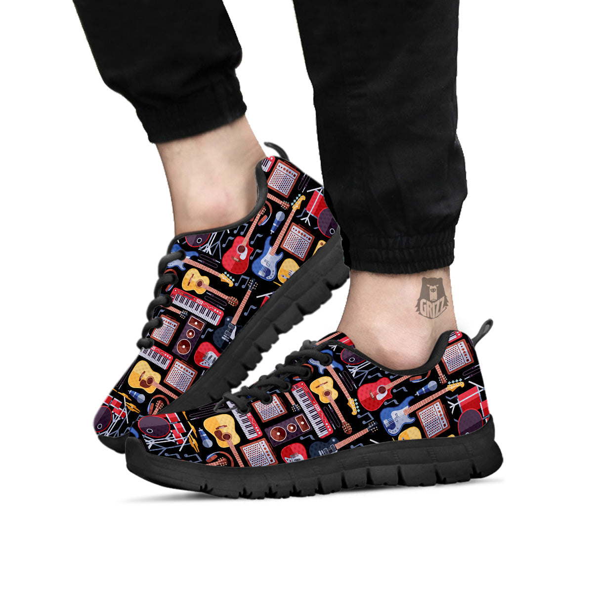 Music Instruments Print Pattern Black Sneaker-grizzshop