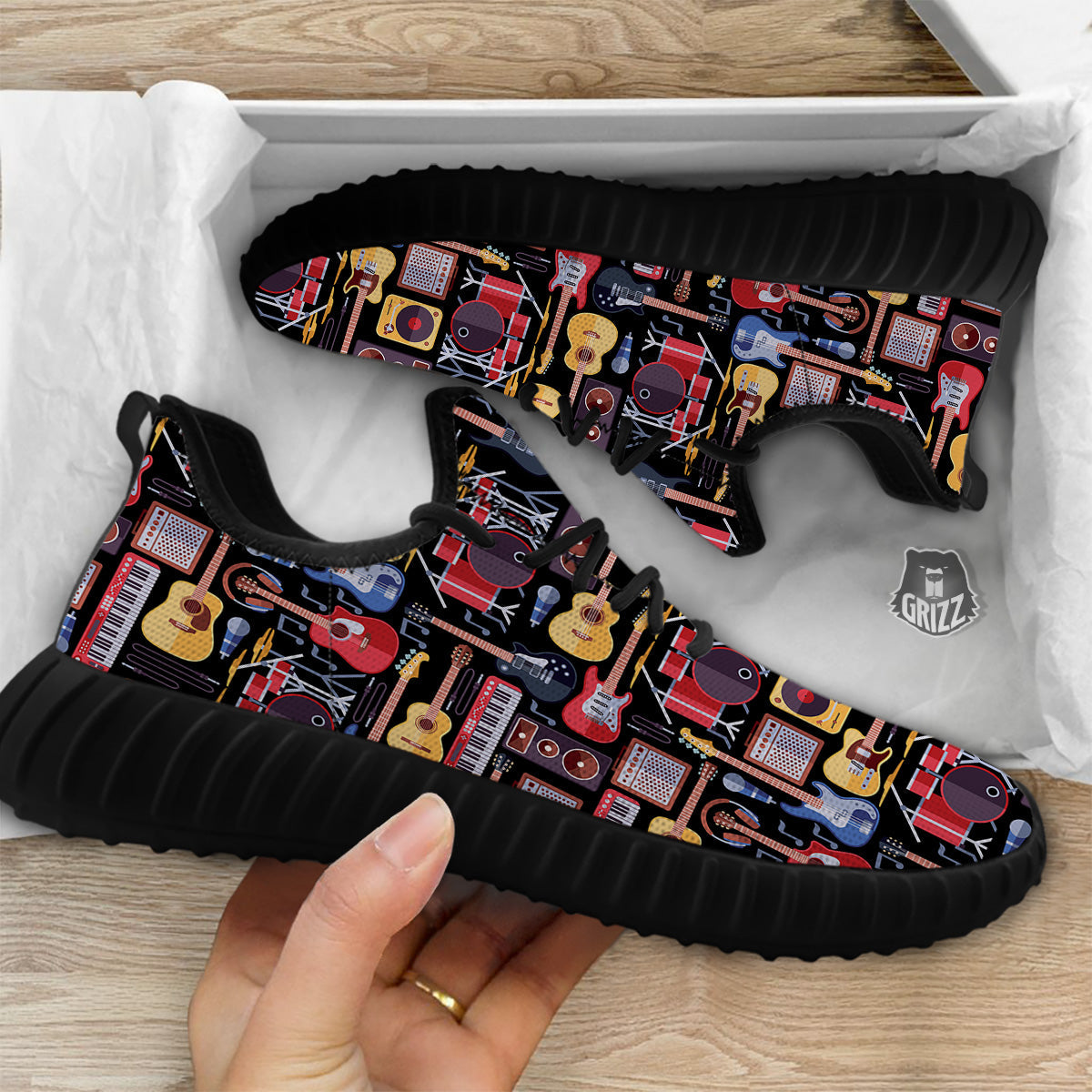 Music Instruments Print Pattern Black Walking Shoes-grizzshop