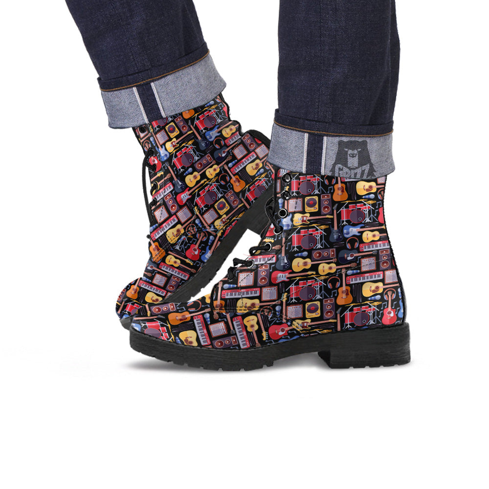 Music Instruments Print Pattern Leather Boots-grizzshop