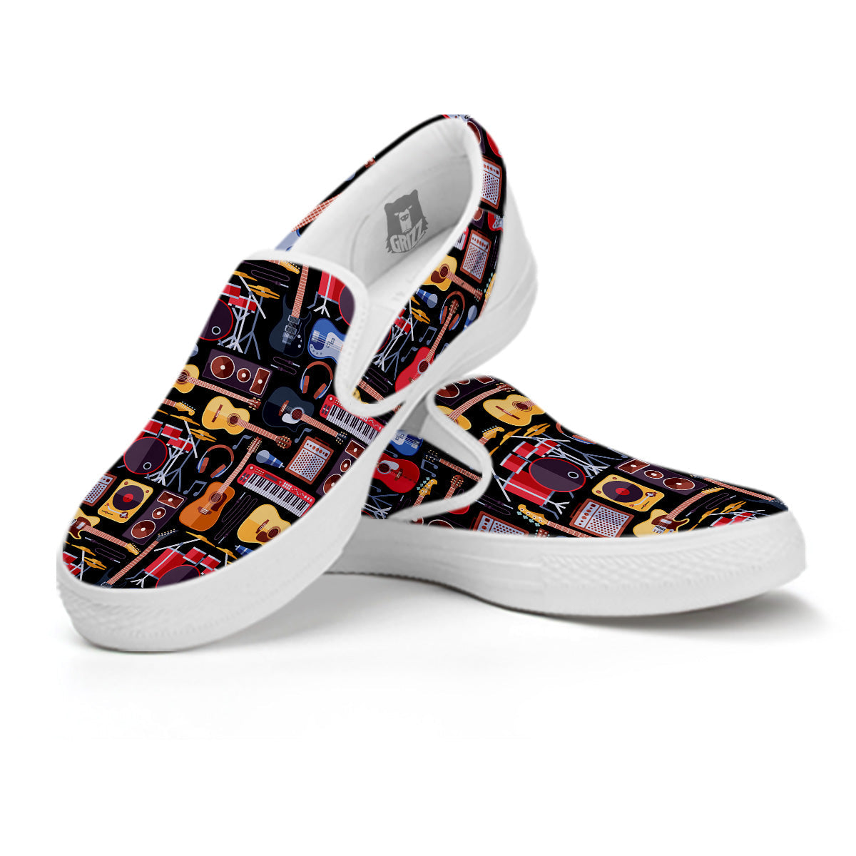 Music Instruments Print Pattern White Slip On Shoes-grizzshop