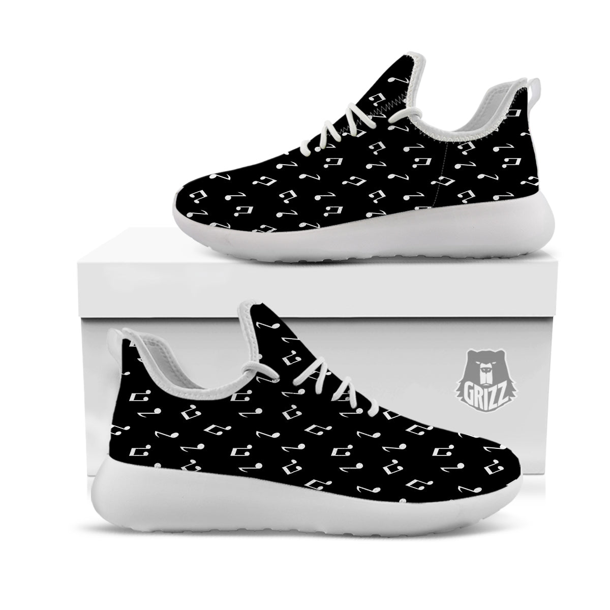 Music Note Black And White Print Pattern White Athletic Shoes-grizzshop