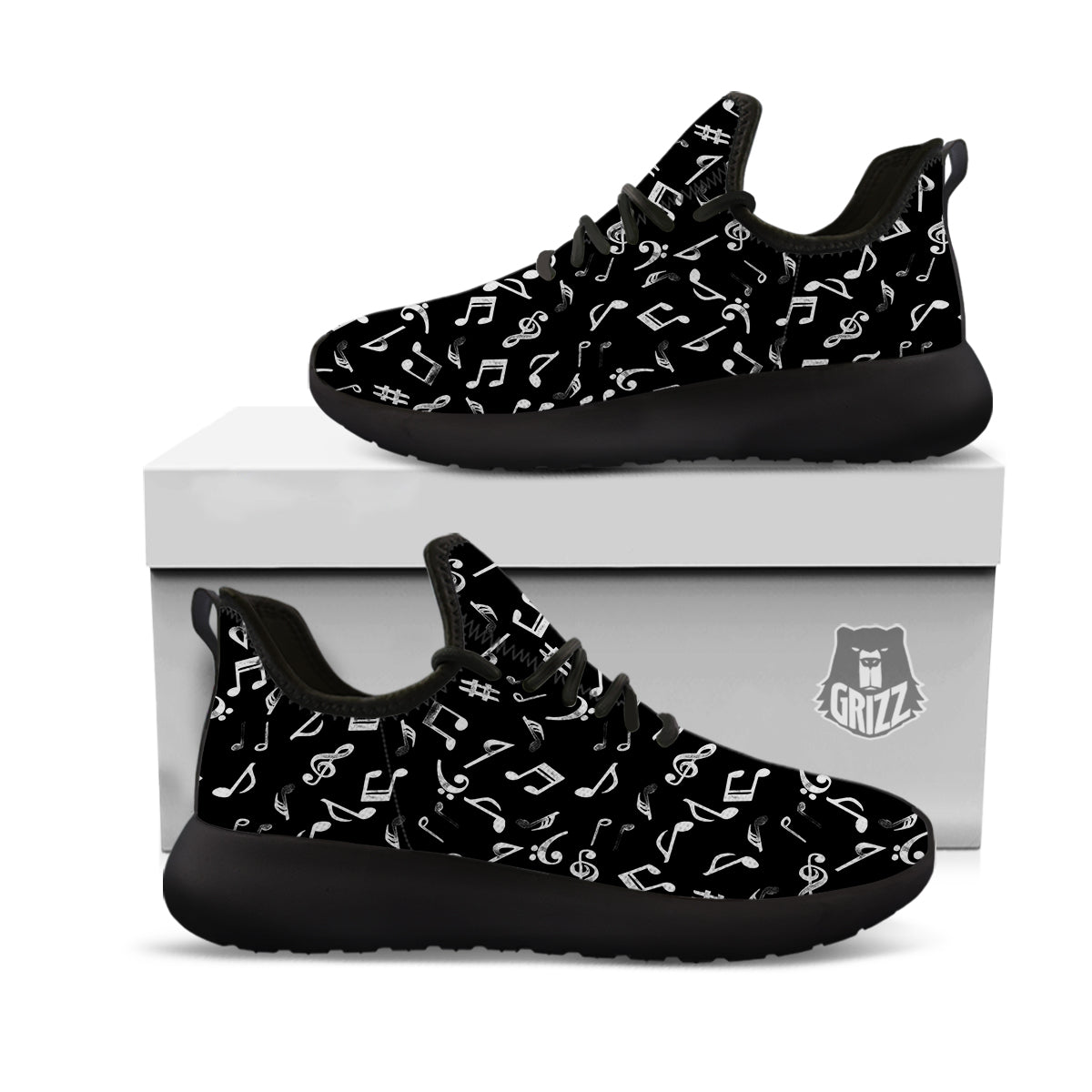 Music Notes Watercolor Print Pattern Black Athletic Shoes-grizzshop