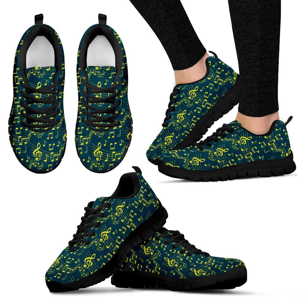 Music Note Pattern Print Black Sneaker Shoes For Men Women-grizzshop