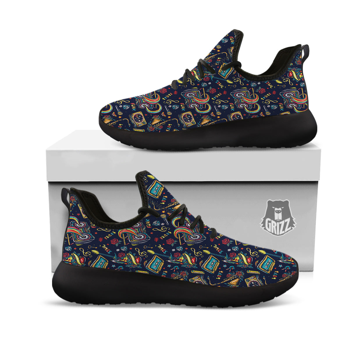 Musical Instruments Print Pattern Black Athletic Shoes-grizzshop