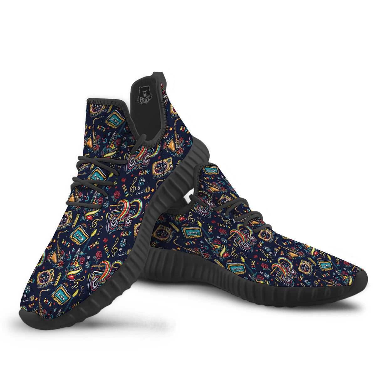 Musical Instruments Print Pattern Black Walking Shoes-grizzshop