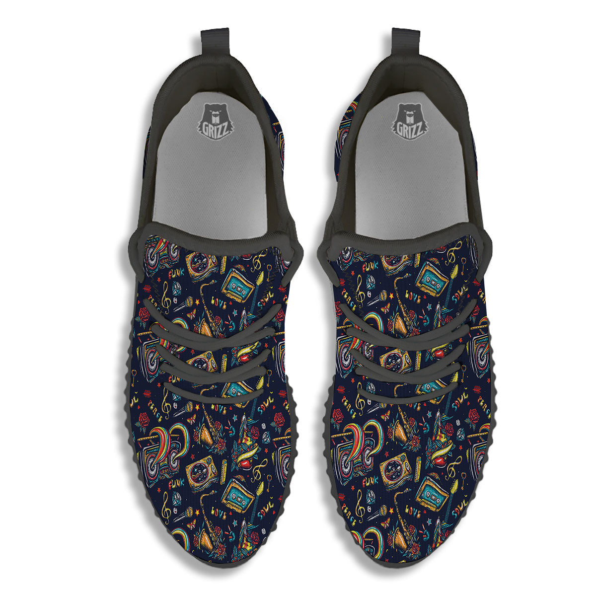 Musical Instruments Print Pattern Black Walking Shoes-grizzshop