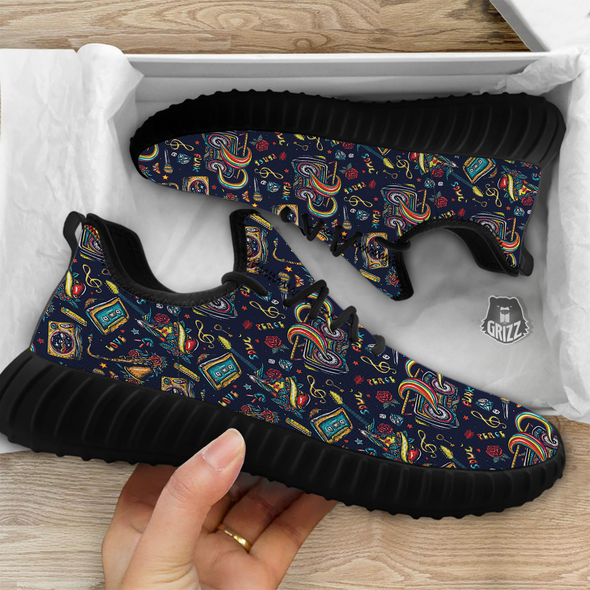 Musical Instruments Print Pattern Black Walking Shoes-grizzshop
