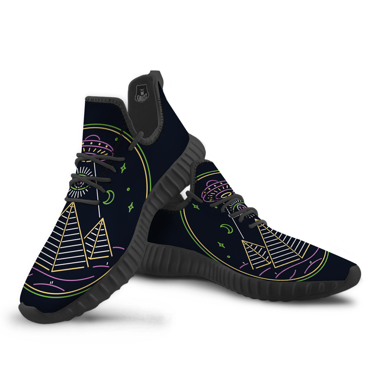 Mystery Of Egypt Neon Print Black Walking Shoes-grizzshop