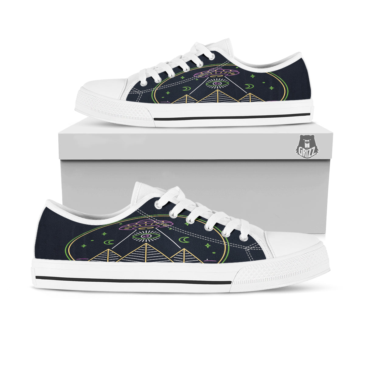 Mystery Of Egypt Neon Print White Low Top Shoes-grizzshop