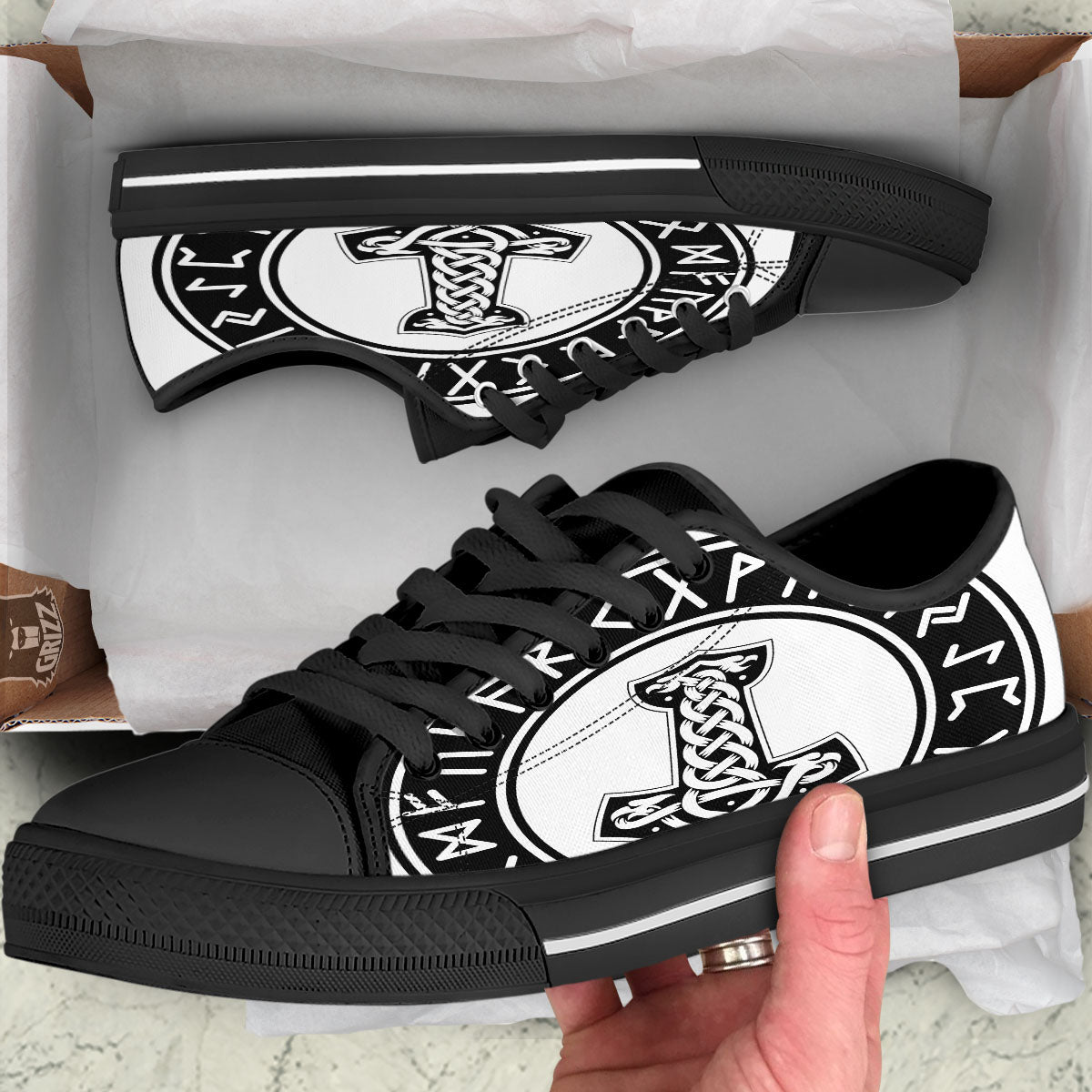 Mythology Mjolnir Norse Print Black Low Top Shoes-grizzshop