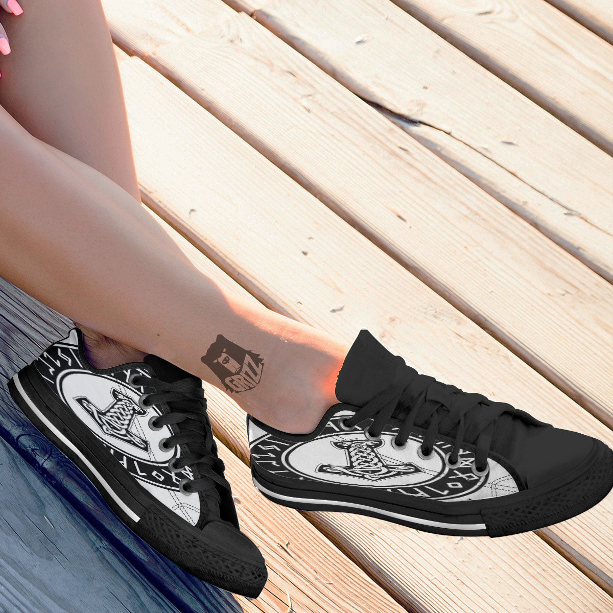 Mythology Mjolnir Norse Print Black Low Top Shoes-grizzshop