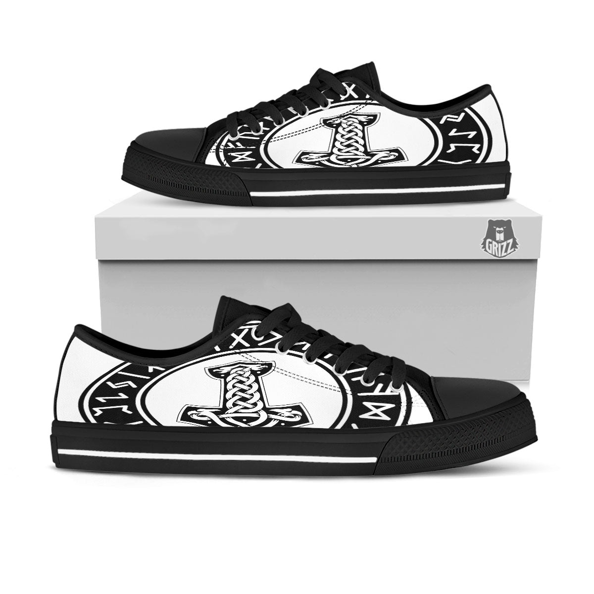 Mythology Mjolnir Norse Print Black Low Top Shoes-grizzshop