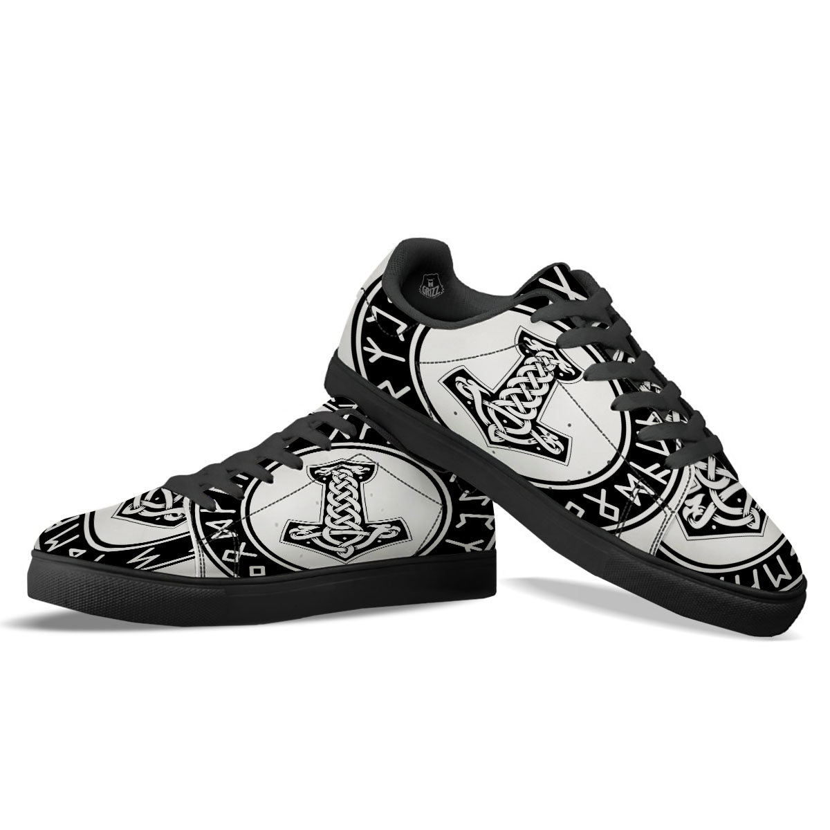 Mythology Mjolnir Norse Print Black Low Top Sneakers-grizzshop