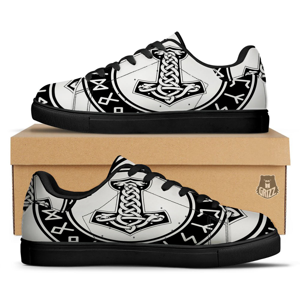 Mythology Mjolnir Norse Print Black Low Top Sneakers-grizzshop
