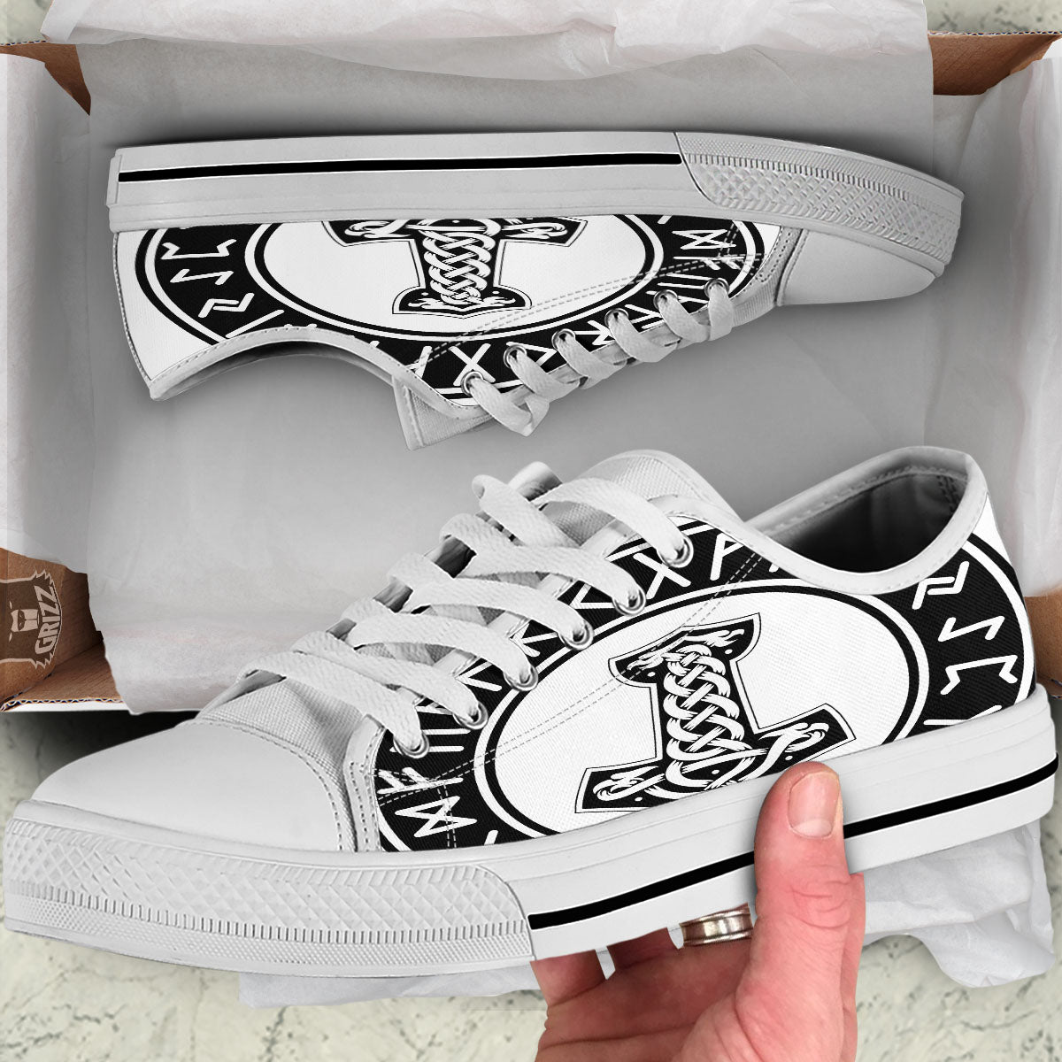 Mythology Mjolnir Norse Print White Low Top Shoes-grizzshop