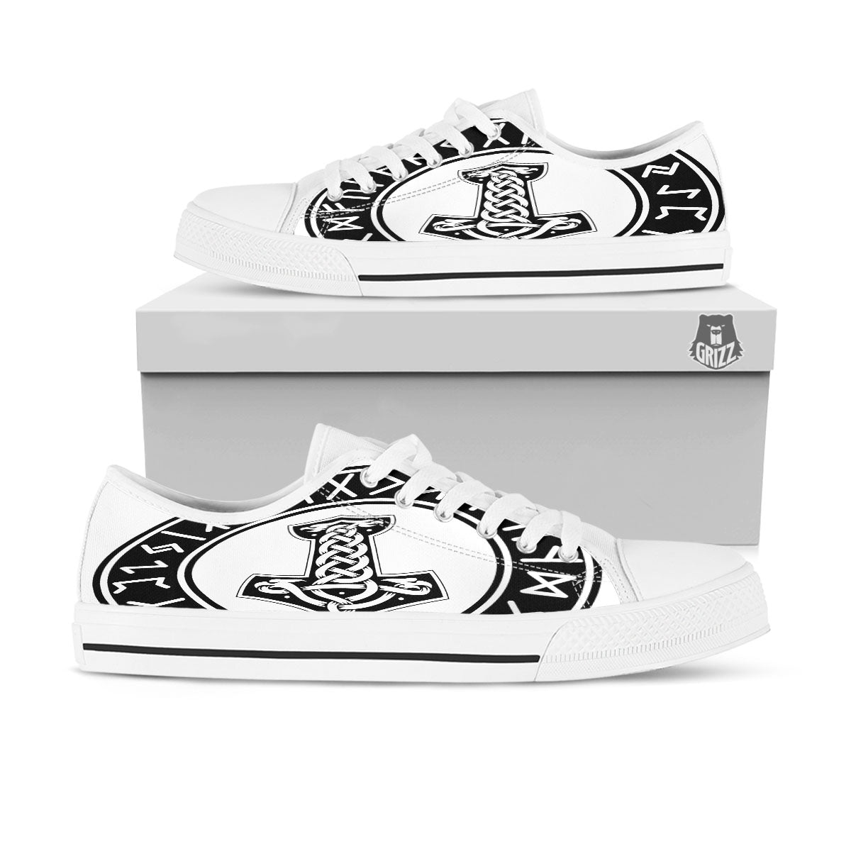 Mythology Mjolnir Norse Print White Low Top Shoes-grizzshop