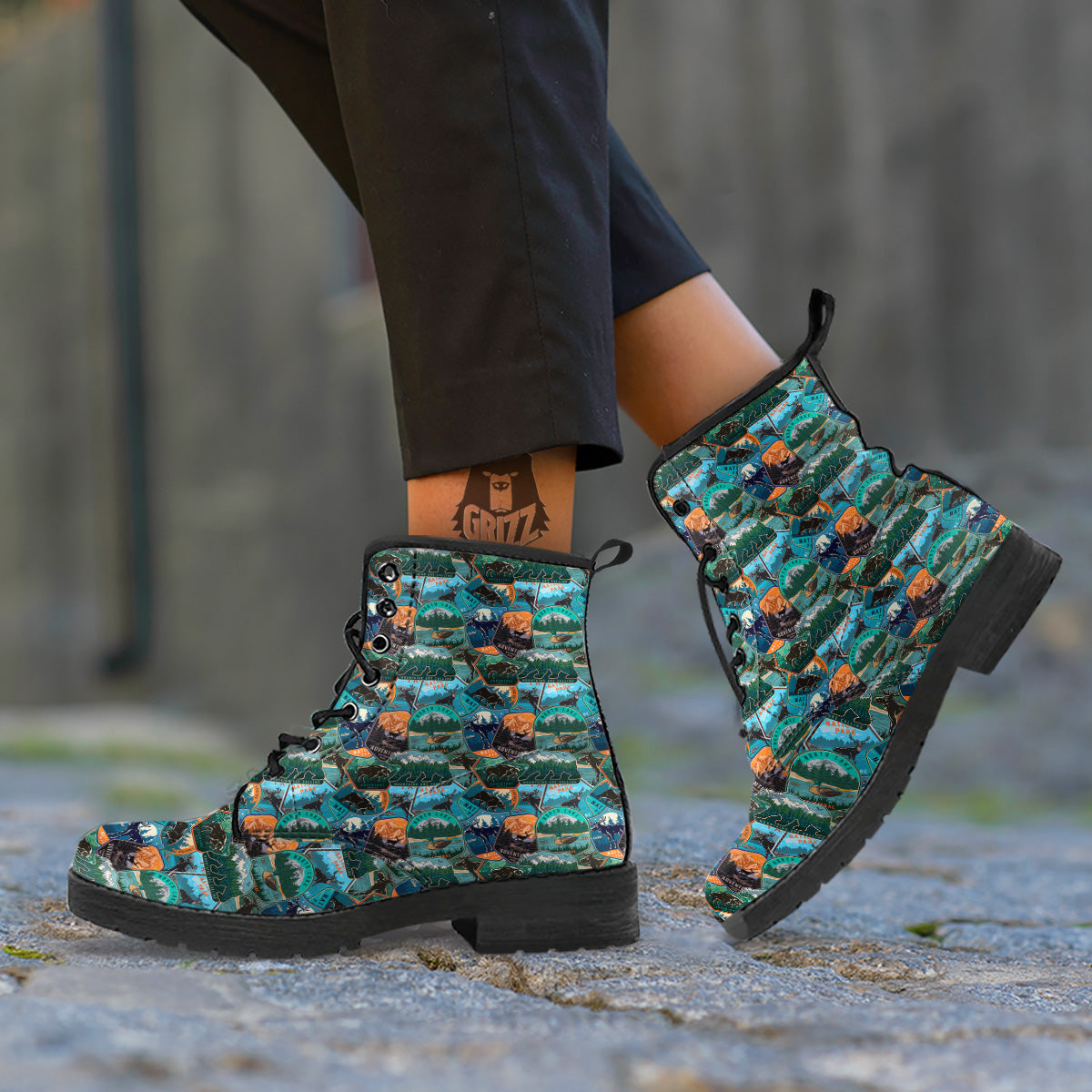 National Park Colorful Vintage Print Pattern Leather Boots-grizzshop